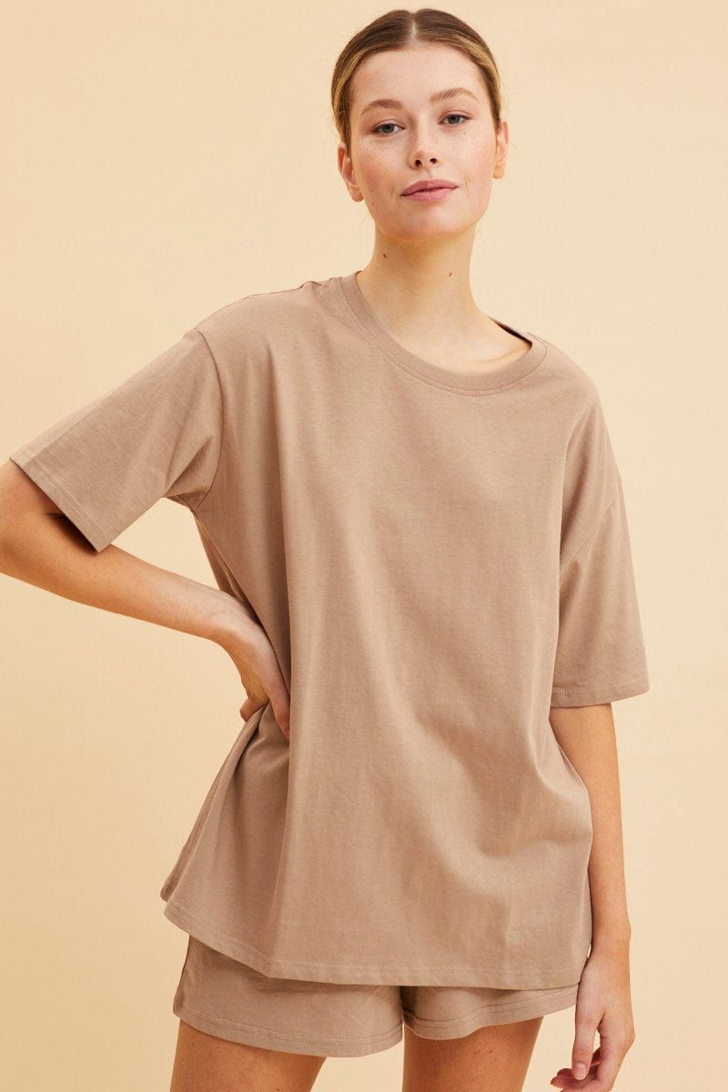 Beige Oversized T-Shirt Crew Neck Short Sleeve Cotton sold by Ally Fashion product image thumbnail 3
