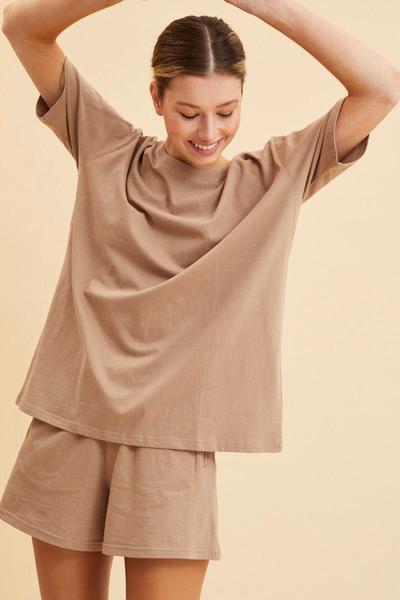 Beige Oversized T-Shirt Crew Neck Short Sleeve Cotton sold by Ally Fashion