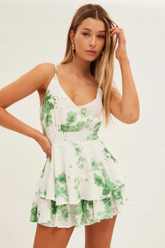 Floral Print Layered Playsuit Mini Sleeveless V Neck sold by Ally Fashion