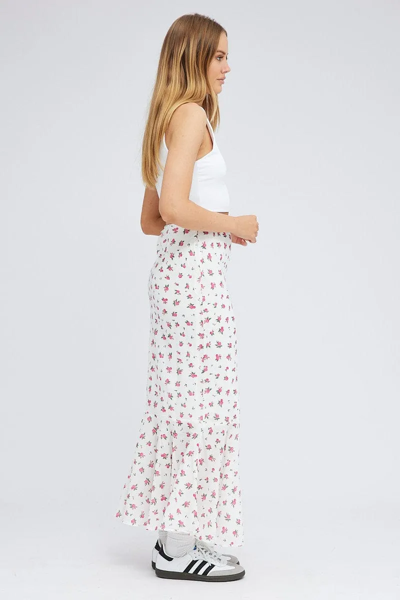 White Floral Maxi Skirt High Waist Fit & Flare Elastic Waist sold by Ally Fashion product image thumbnail 4
