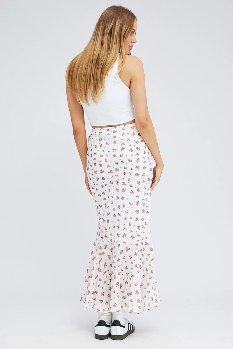 White Floral Maxi Skirt High Waist Fit & Flare Elastic Waist sold by Ally Fashion product image thumbnail 5