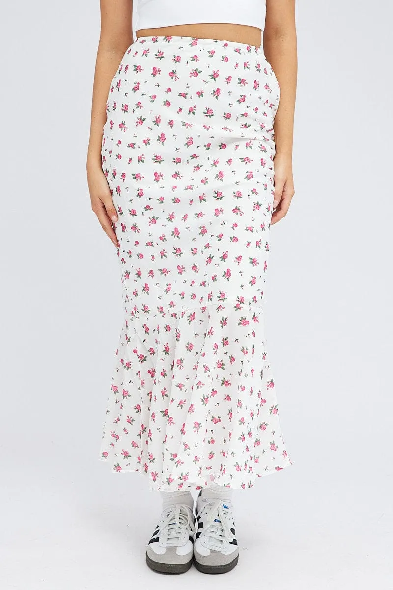 White Floral Maxi Skirt High Waist Fit & Flare Elastic Waist sold by Ally Fashion product image thumbnail 2