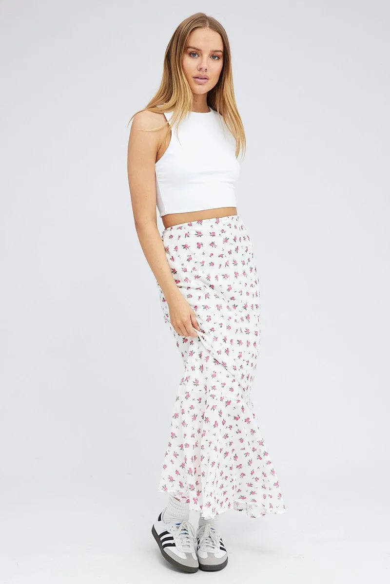 White Floral Maxi Skirt High Waist Fit & Flare Elastic Waist sold by Ally Fashion product image thumbnail 3