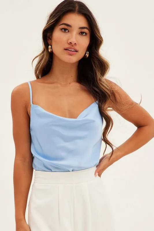 Blue Bodysuit Cami Sleeveless Cowl Neck Satin sold by Ally Fashion