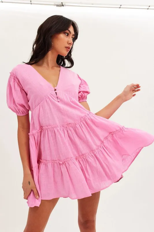 Pink Puff Sleeve V Neck Button Tiered Swing Dress sold by Ally Fashion