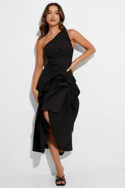 Black Maxi Dress One Shoulder Asymmetric Tiered sold by Ally Fashion