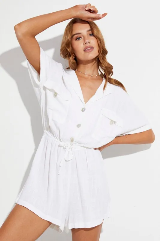 White Playsuit Short Sleeve V-Neck Linen Blend sold by Ally Fashion