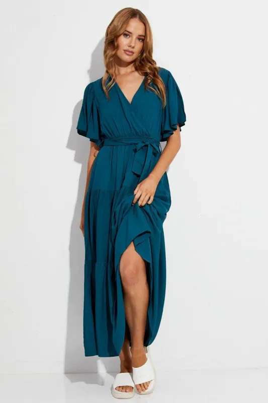 Blue Maxi Dress Short Sleeve Wrap Front Tiered sold by Ally Fashion