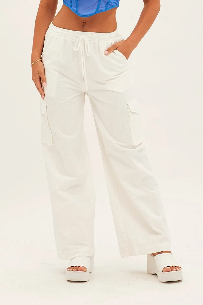 White Cargo Pant Wide Leg Elastic Waist Cotton Twill sold by Ally Fashion product image thumbnail 2