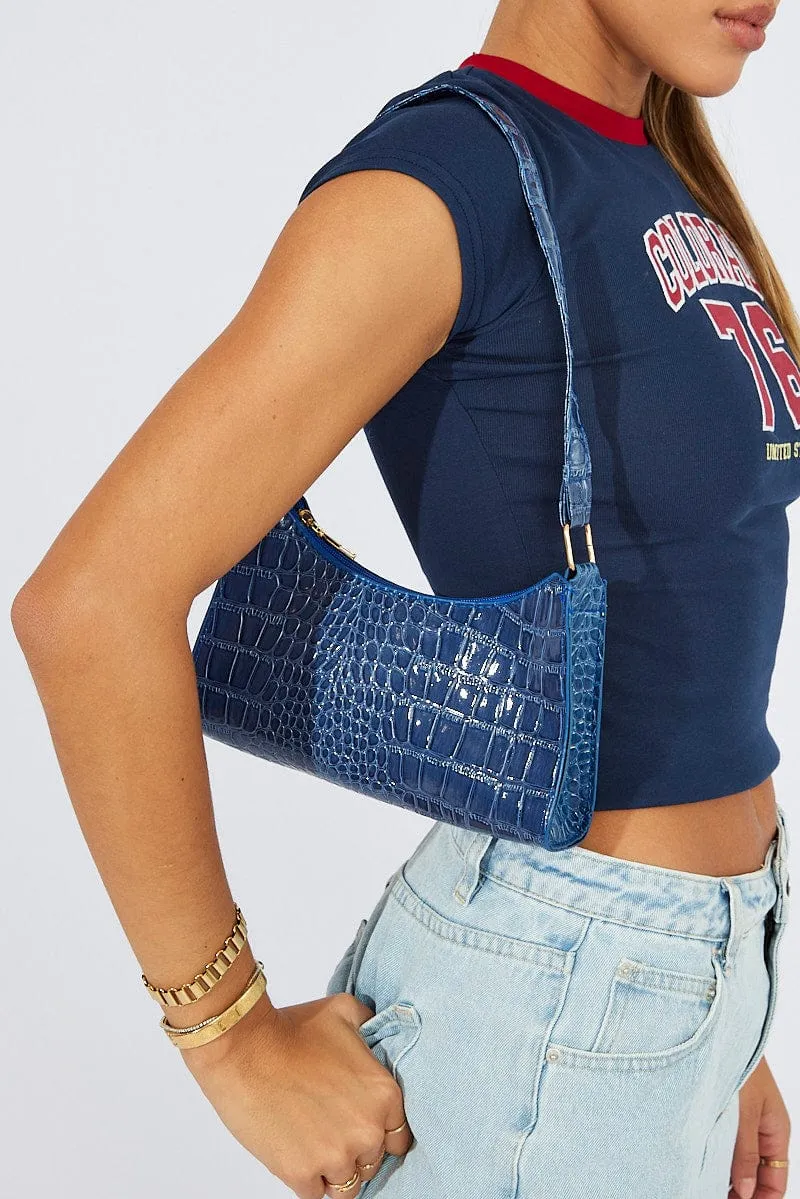 Blue Croc Embossed Baguette Bag Shoulder Bag sold by Ally Fashion