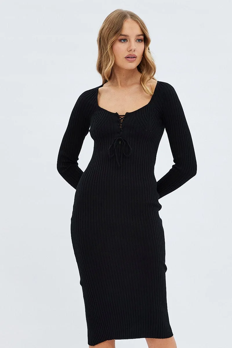 Black Knit Dress Long Sleeve Midi sold by Ally Fashion product image thumbnail 2