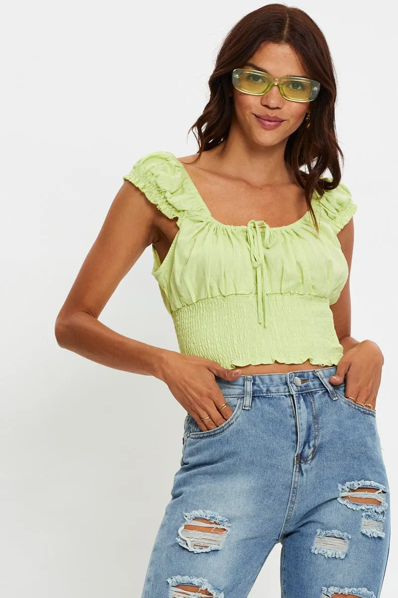 Yellow Short Sleeve Linen Shirred Top sold by Ally Fashion