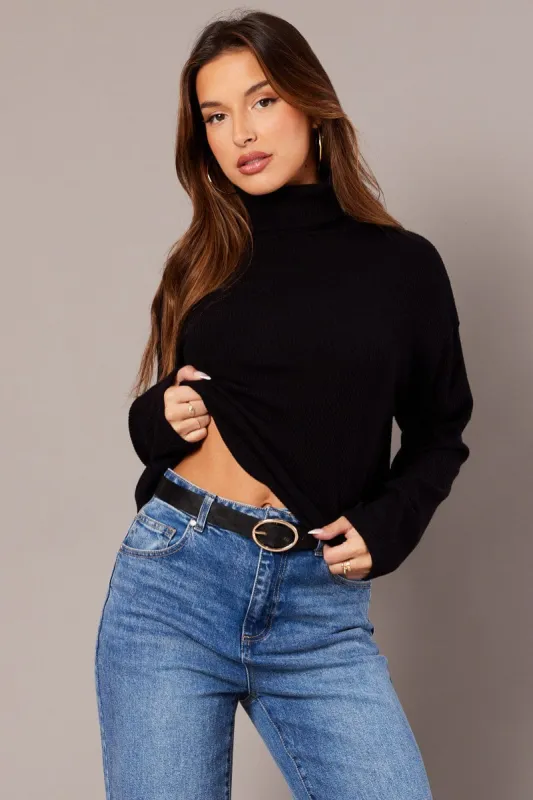 Black Top High Neck Long Sleeve Relaxed Fit Rib Jersey sold by Ally Fashion
