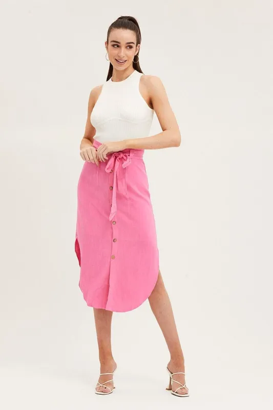 Pink Linen Blend Curved Hem Midi Skirt sold by Ally Fashion
