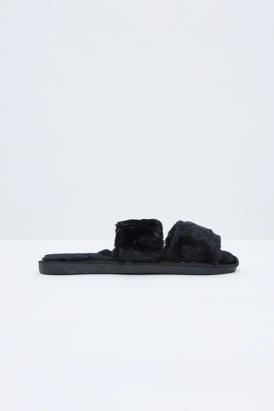 Black Faux Fur Fluffy Slides sold by Ally Fashion