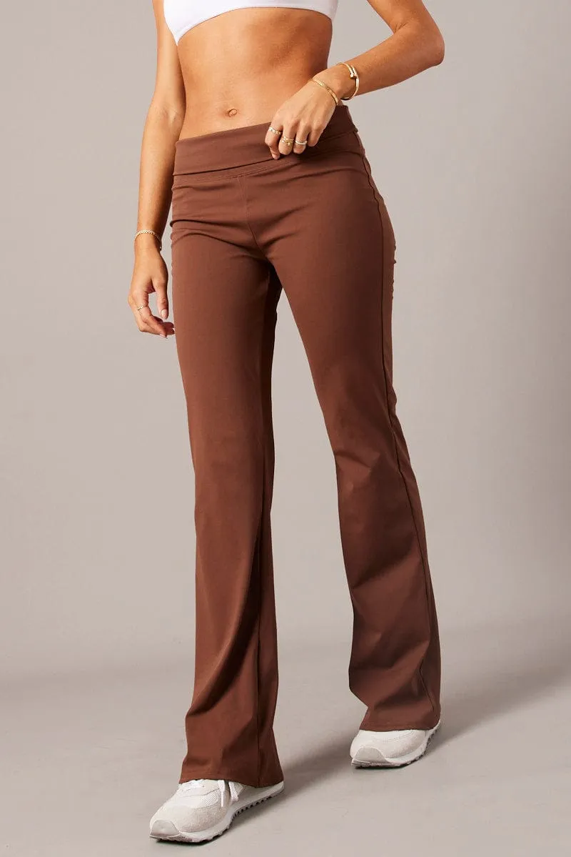Brown Flared Pants Fold Up Waist Mid Rise sold by Ally Fashion