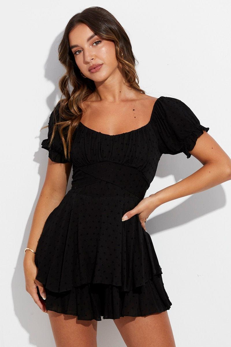 Black Ruffle Playsuit Short Sleeve Tie Back sold by Ally Fashion