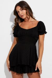 Black Ruffle Playsuit Short Sleeve Tie Back sold by Ally Fashion