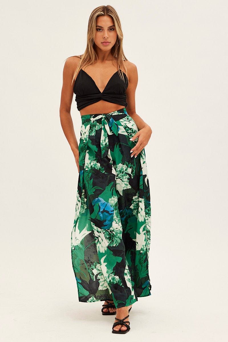 Abstract Print Wide Leg Pants High Rise Front Split sold by Ally Fashion