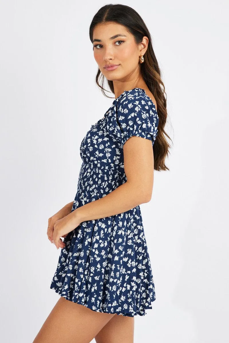 Blue Ditsy Shirred Playsuit Short Sleeve sold by Ally Fashion product image thumbnail 4