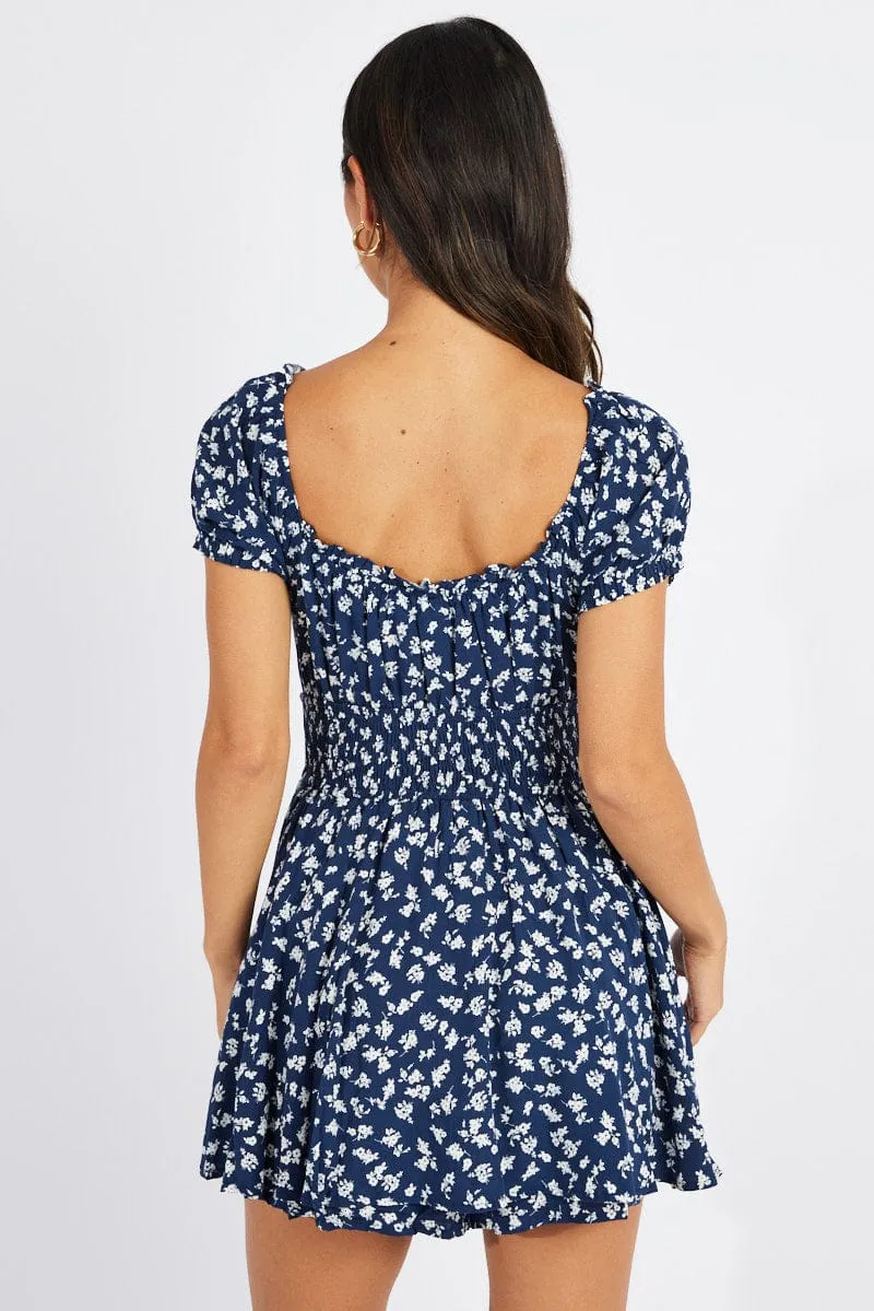 Blue Ditsy Shirred Playsuit Short Sleeve sold by Ally Fashion product image thumbnail 5