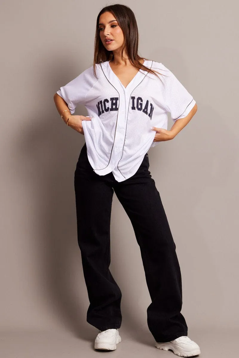 White Graphic Tie Up Top Short Sleeve Mesh sold by Ally Fashion