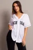 White Graphic Tie Up Top Short Sleeve Mesh sold by Ally Fashion