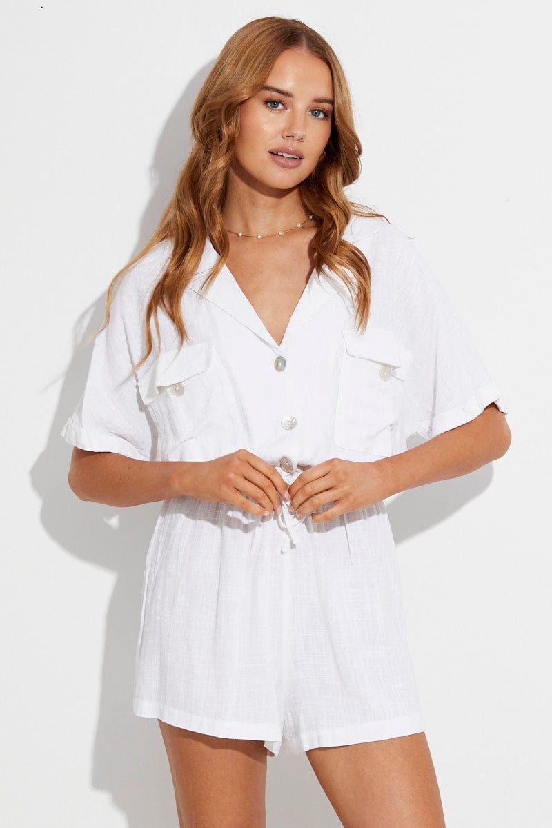 White Playsuit Short Sleeve V-Neck Linen Blend sold by Ally Fashion product image thumbnail 3