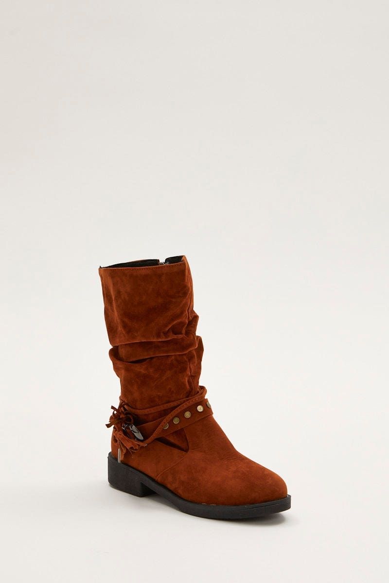 Brown Suedette Buckle Slouch Boots sold by Ally Fashion