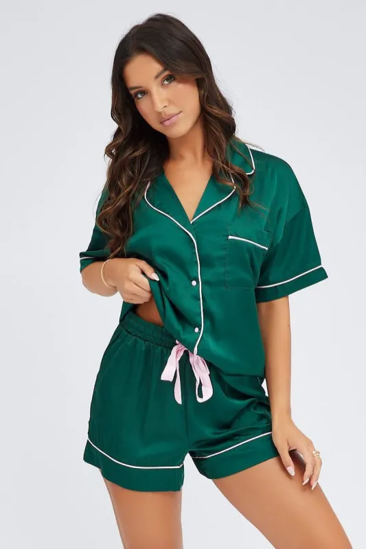 Green Pyjama Set Short Sleeve Satin Pink Piping PJ sold by Ally Fashion