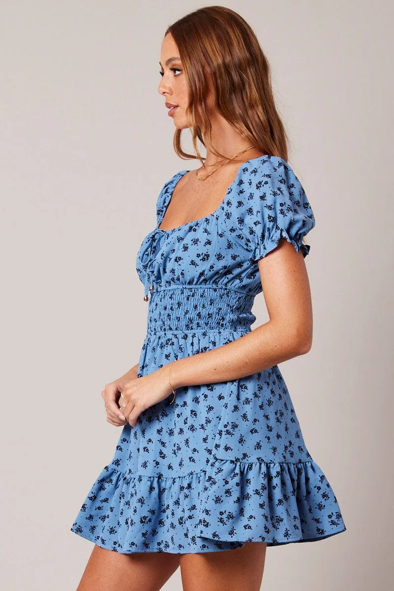 Blue Floral Fit And Flare Dress Puff Sleeve Mini Floral print sold by Ally Fashion product image thumbnail 4