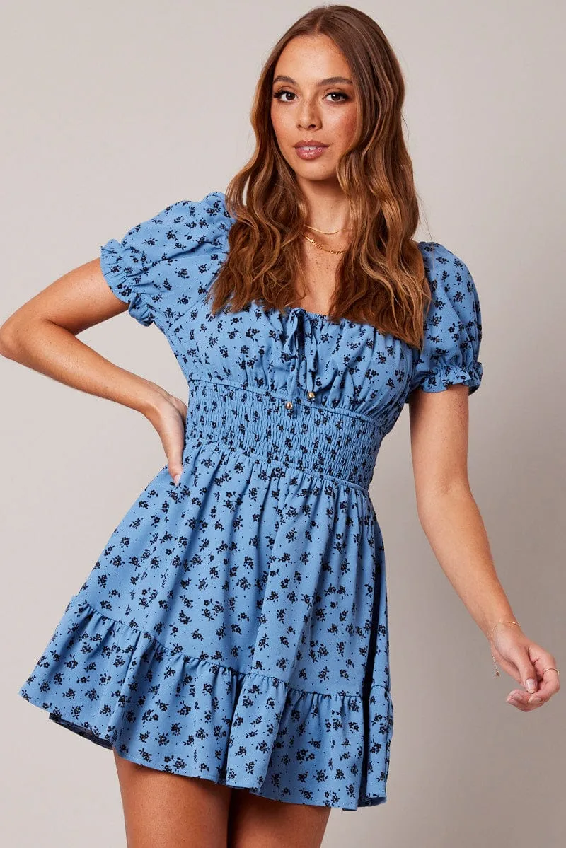 Blue Floral Fit And Flare Dress Puff Sleeve Mini Floral print sold by Ally Fashion