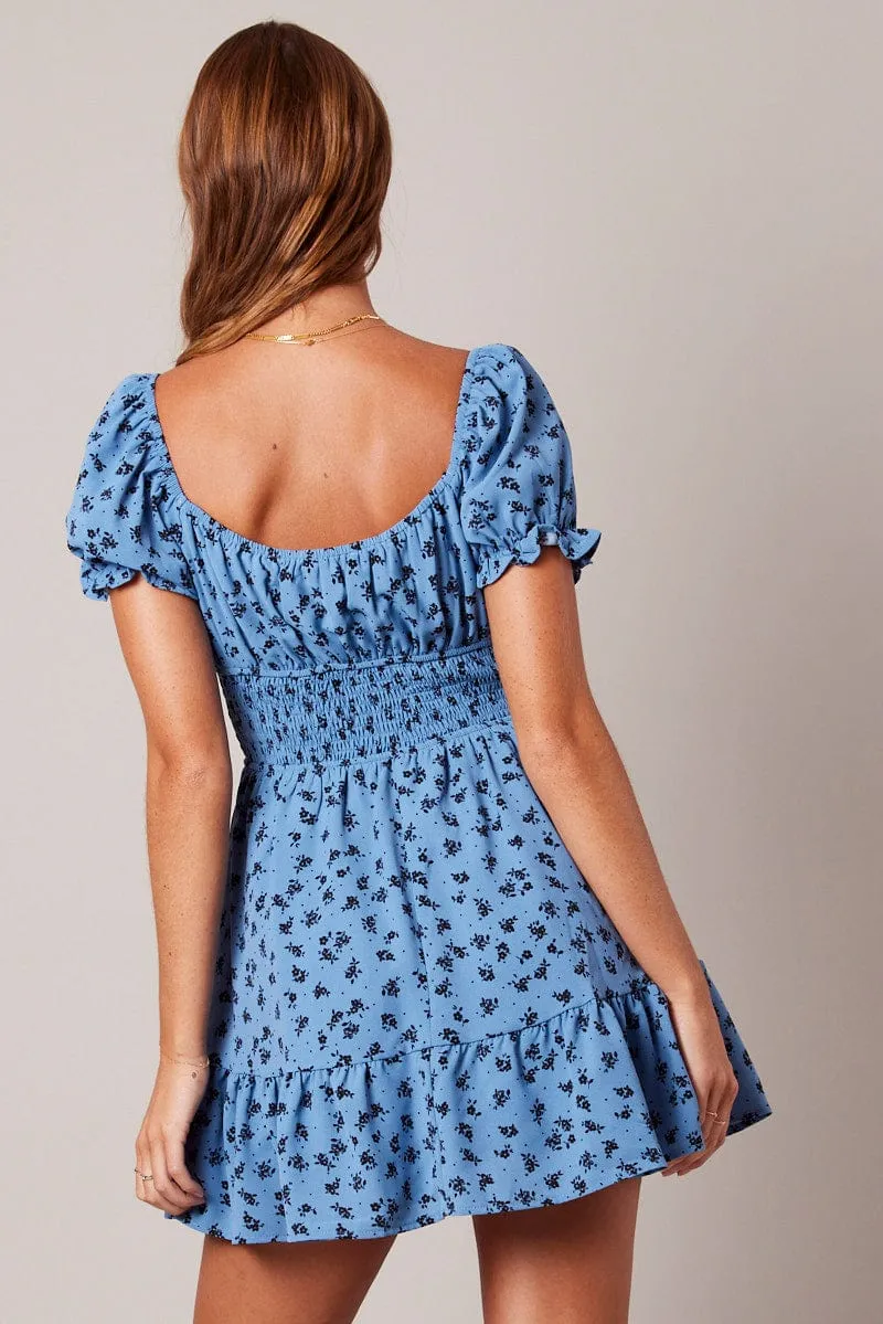 Blue Floral Fit And Flare Dress Puff Sleeve Mini Floral print sold by Ally Fashion product image thumbnail 5