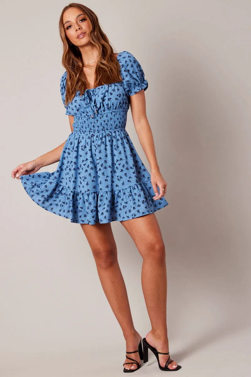 Blue Floral Fit And Flare Dress Puff Sleeve Mini Floral print sold by Ally Fashion product image thumbnail 2