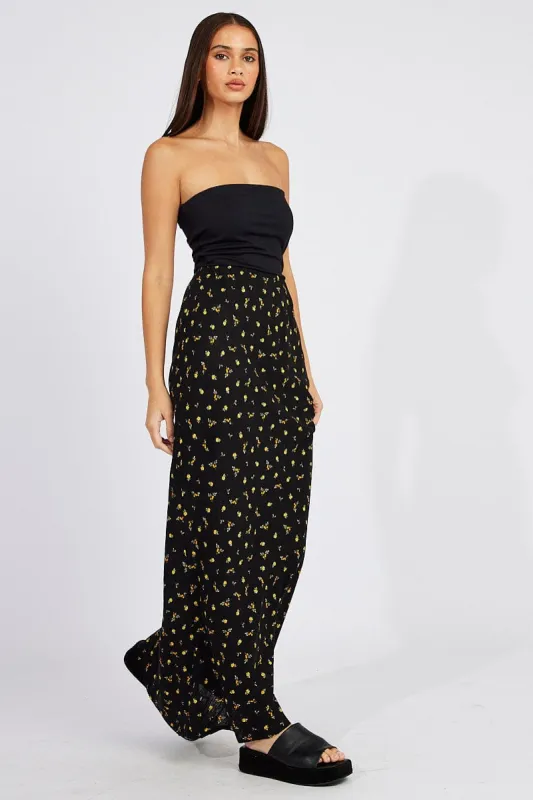 Black Floral Slip Skirt Maxi Linen Blend sold by Ally Fashion