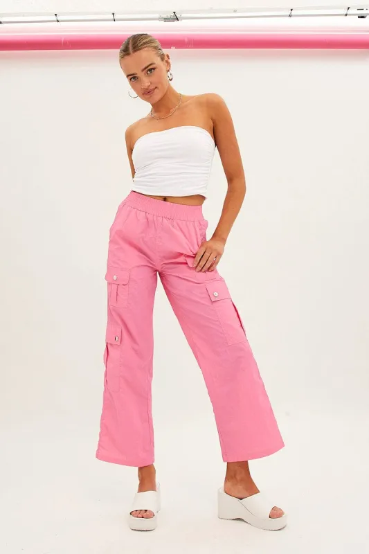 Pink Elastic Waist High Rise Wide Leg Cargo Pants sold by Ally Fashion