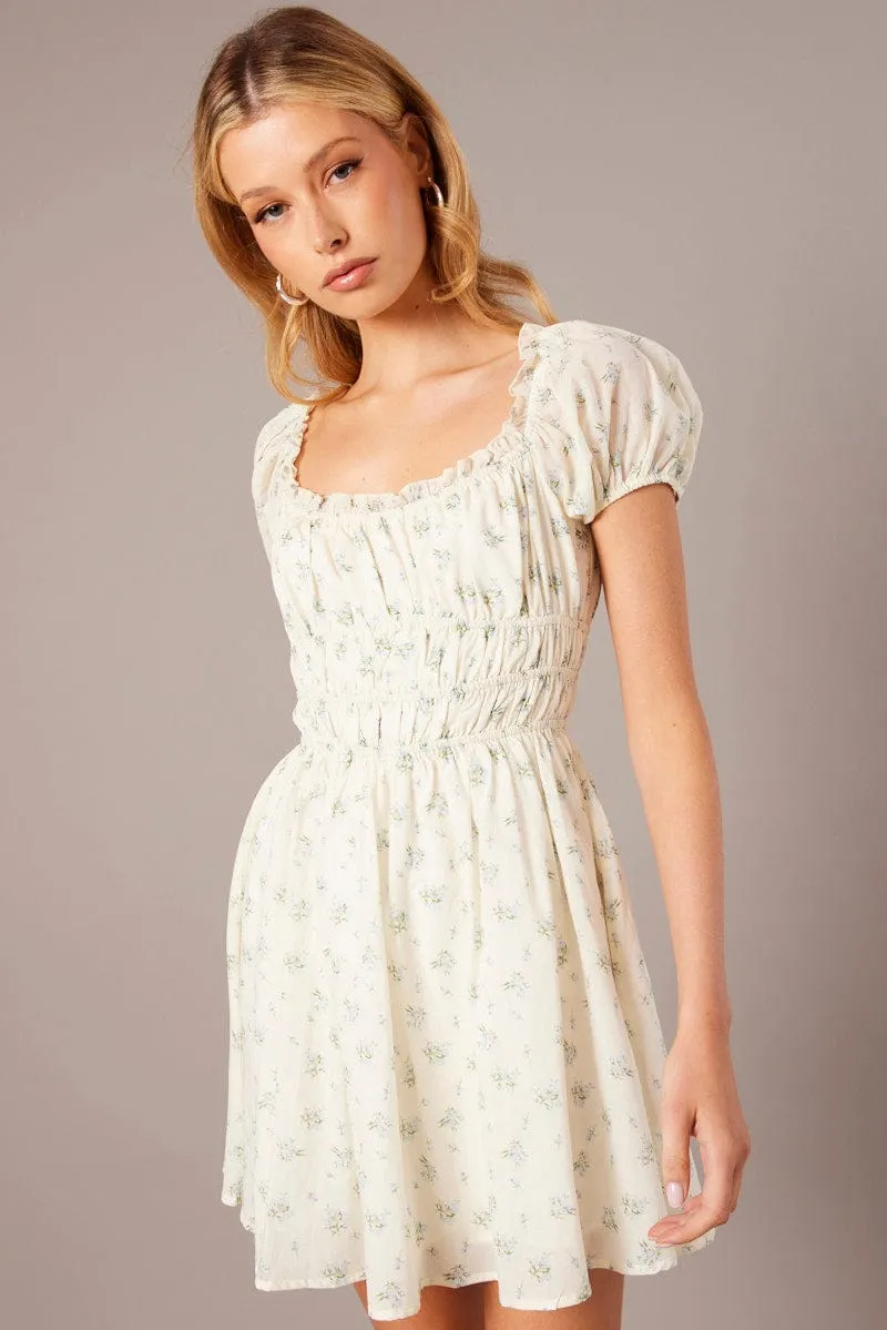White Ditsy Fit And Flare Dress Puff Sleeve sold by Ally Fashion product image thumbnail 3