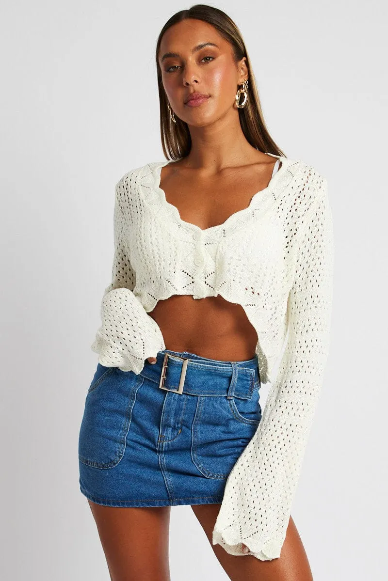 White Crochet Cardigan V Neck Cropped sold by Ally Fashion product image thumbnail 3