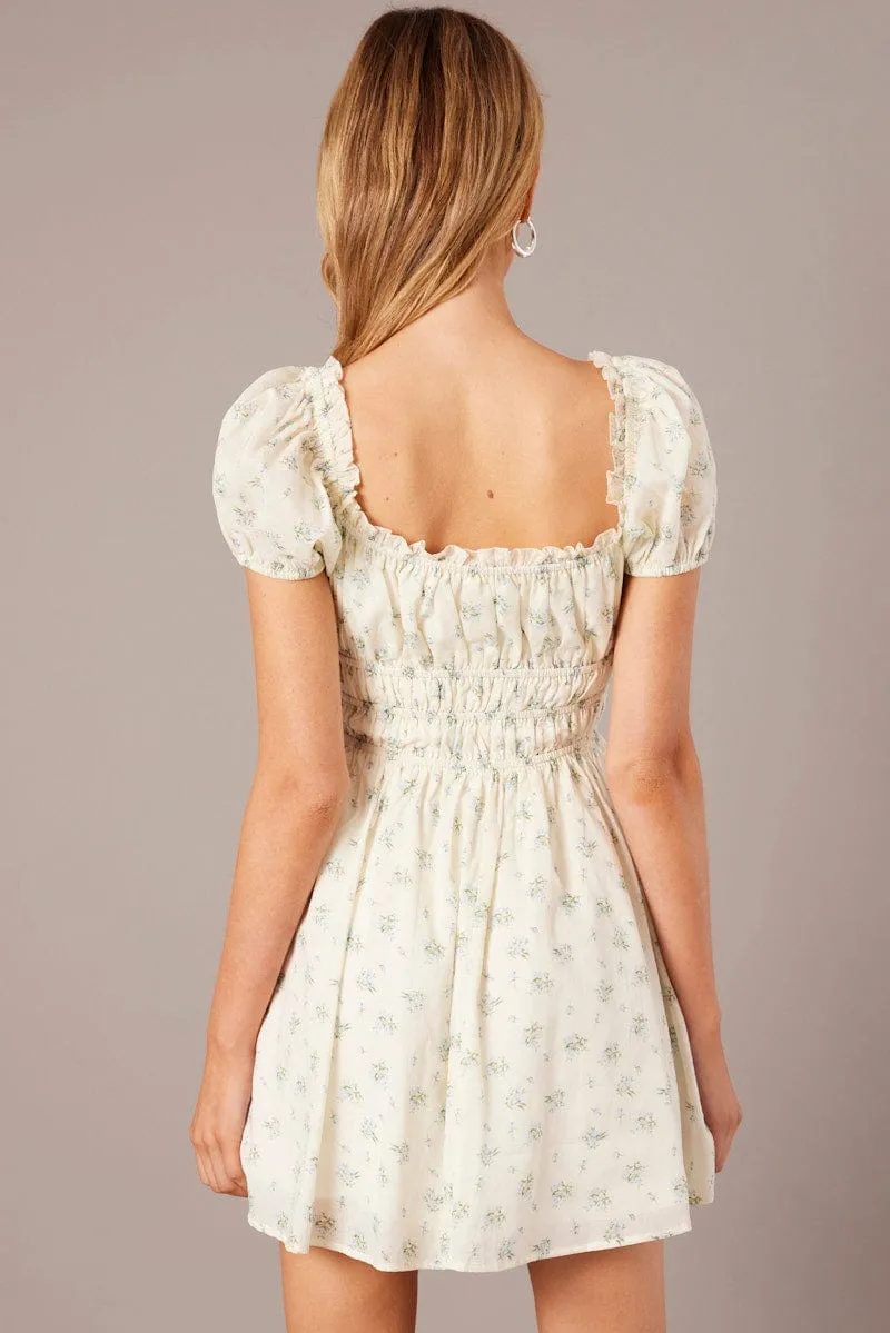 White Ditsy Fit And Flare Dress Puff Sleeve sold by Ally Fashion product image thumbnail 5