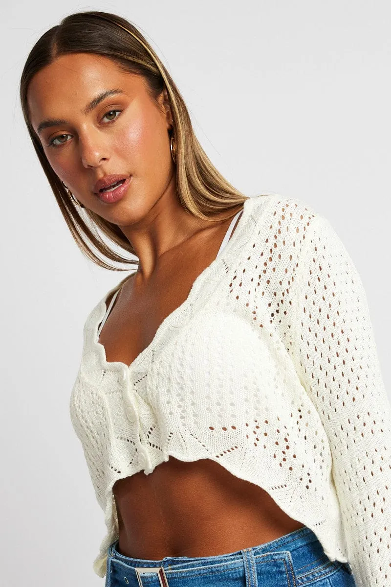 White Crochet Cardigan V Neck Cropped sold by Ally Fashion