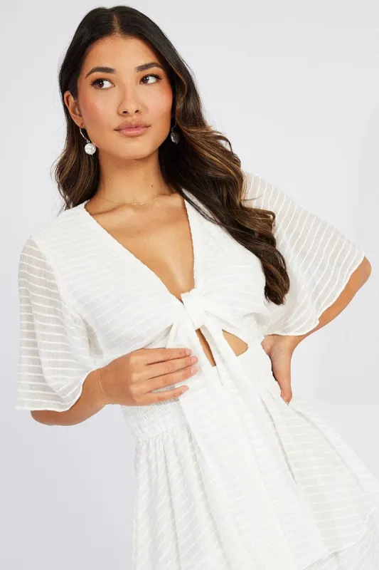 White Tie Front Playsuit Short Sleeve Self Stripe sold by Ally Fashion