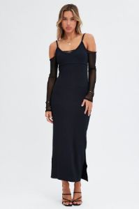 Black Maxi Dress Long Sleeve Cold Shoulder Mesh Textured sold by Ally Fashion