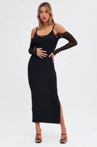 Black Maxi Dress Long Sleeve Cold Shoulder Mesh Textured sold by Ally Fashion