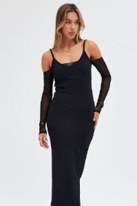 Black Maxi Dress Long Sleeve Cold Shoulder Mesh Textured sold by Ally Fashion