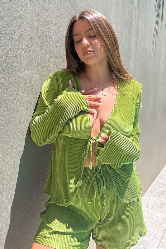 Green Tie Front Long Sleeve Top sold by Ally Fashion