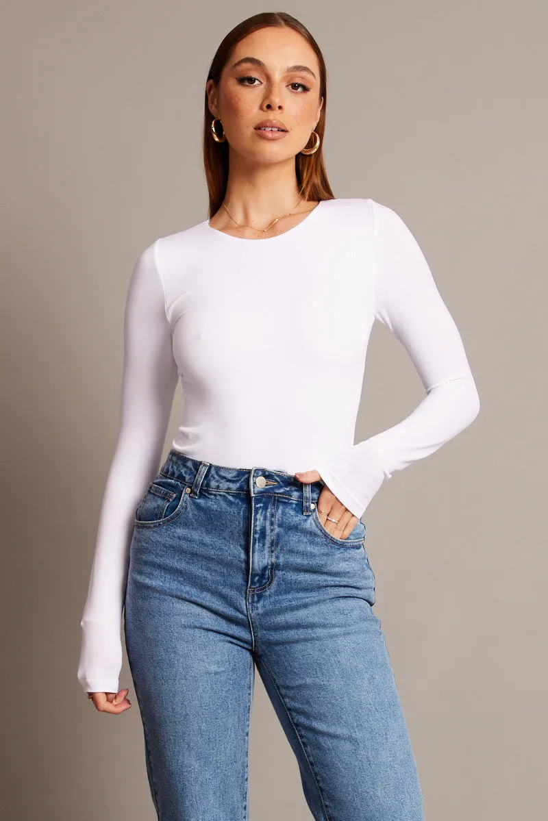 White Bodysuit Long Sleeve Crew Neck Seamless sold by Ally Fashion