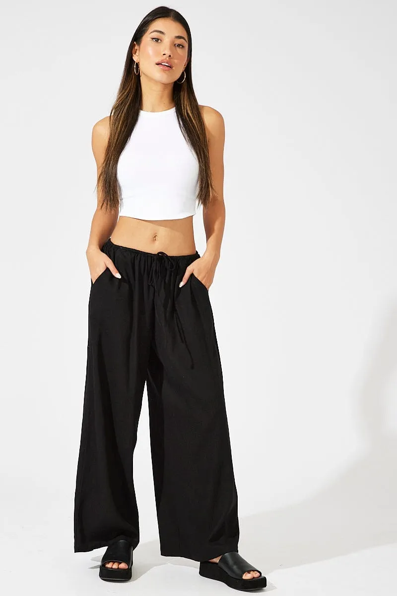 Black Wide Leg Pants Low Rise Linen Blend sold by Ally Fashion