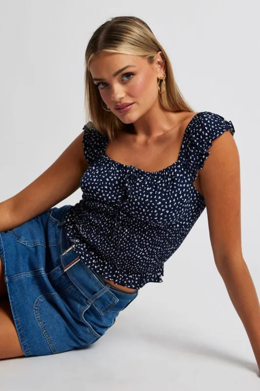 Blue Ditsy Puff Sleeve Top Short Sleeve sold by Ally Fashion