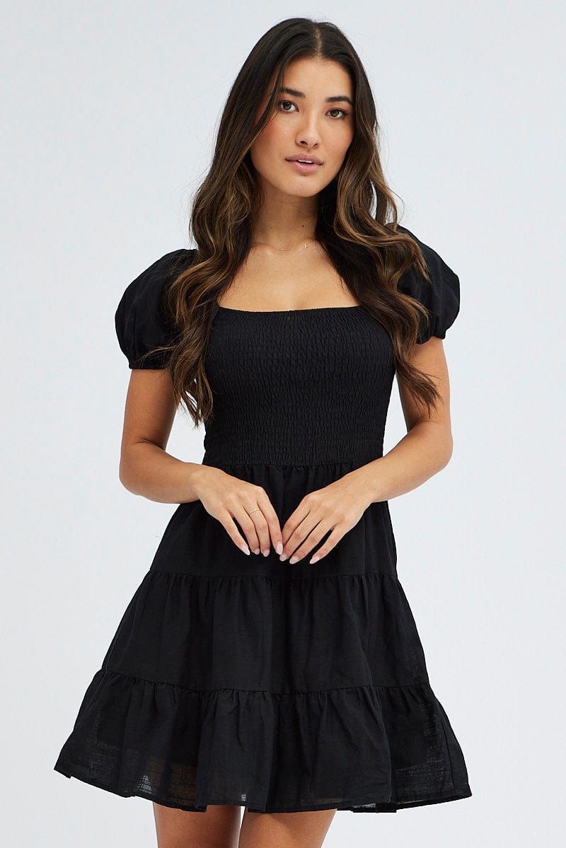 Black Fit and Flare Dress Short Sleeve Shirred sold by Ally Fashion product image thumbnail 3