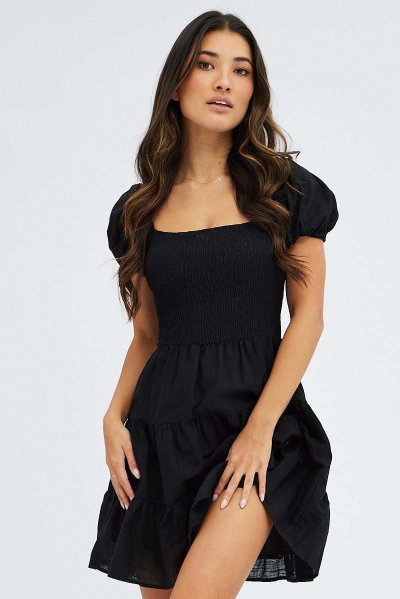 Black Fit and Flare Dress Short Sleeve Shirred sold by Ally Fashion